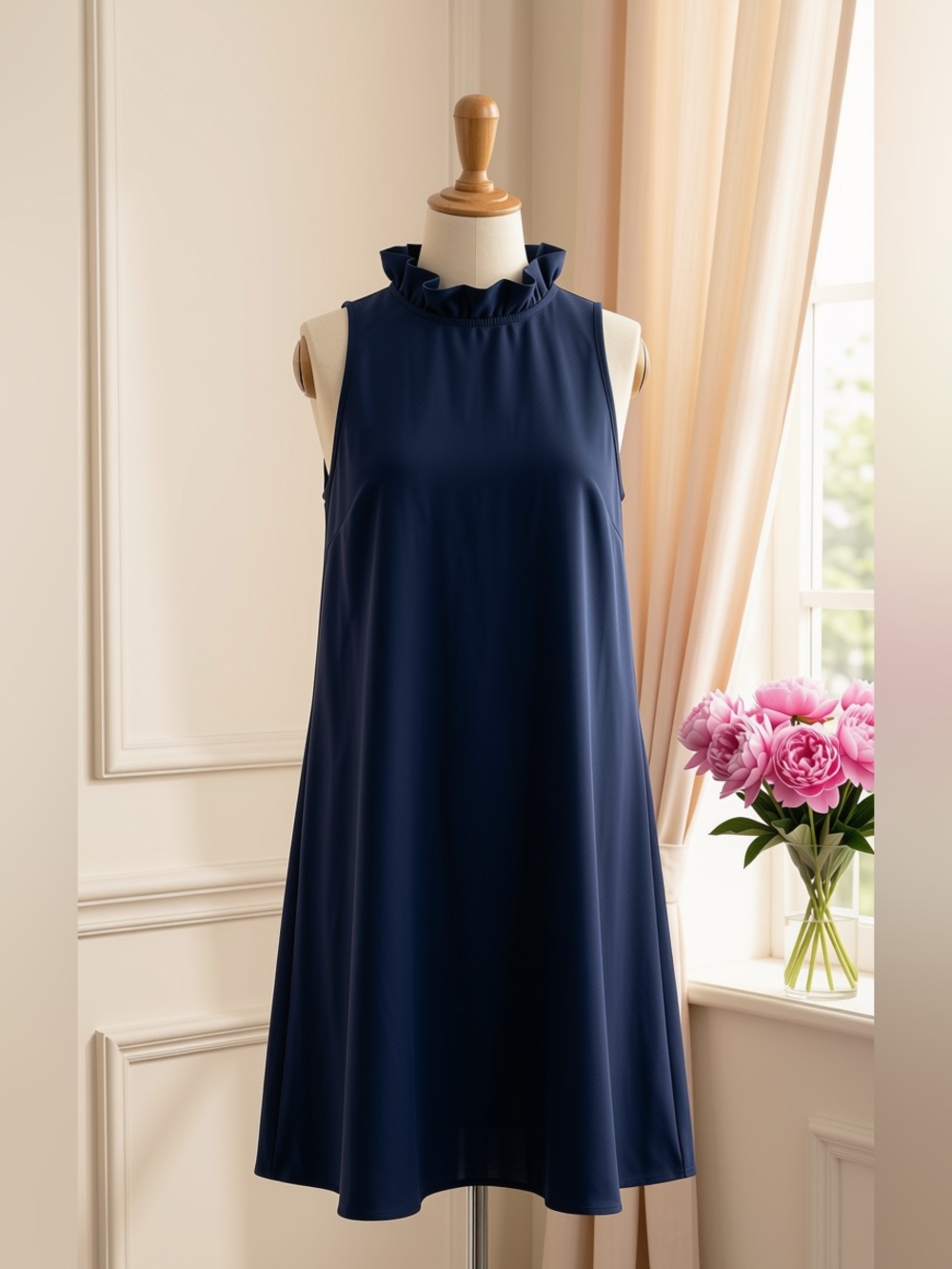 Tuckernuck Do+Be Navy Ruffle-Neck Tie-Back Sleeveless Tent Dress